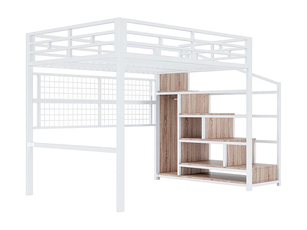 Lit mezzanine 140x200 en métal blanc avec armoire échelle de rangement grille suspendue espace sous le lit éclairage LED 7 couleurs