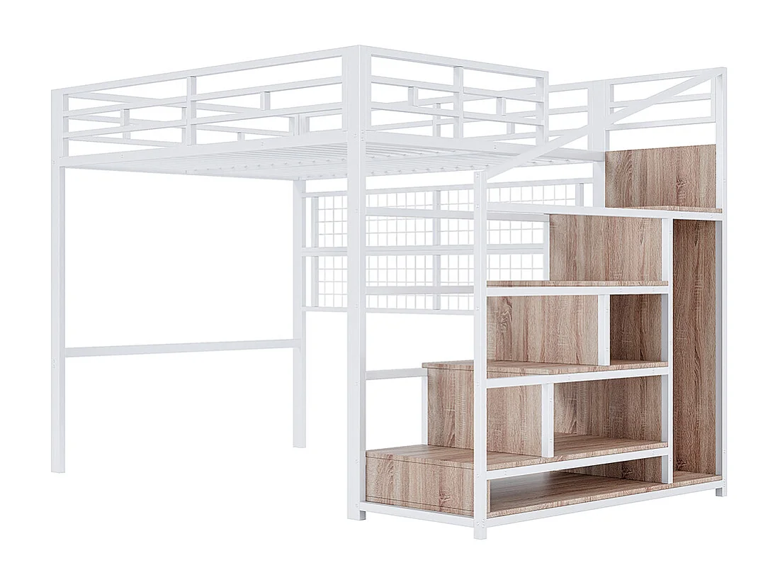 Lit mezzanine 140x200 en métal blanc avec armoire échelle de rangement grille suspendue espace sous le lit éclairage LED 7 couleurs