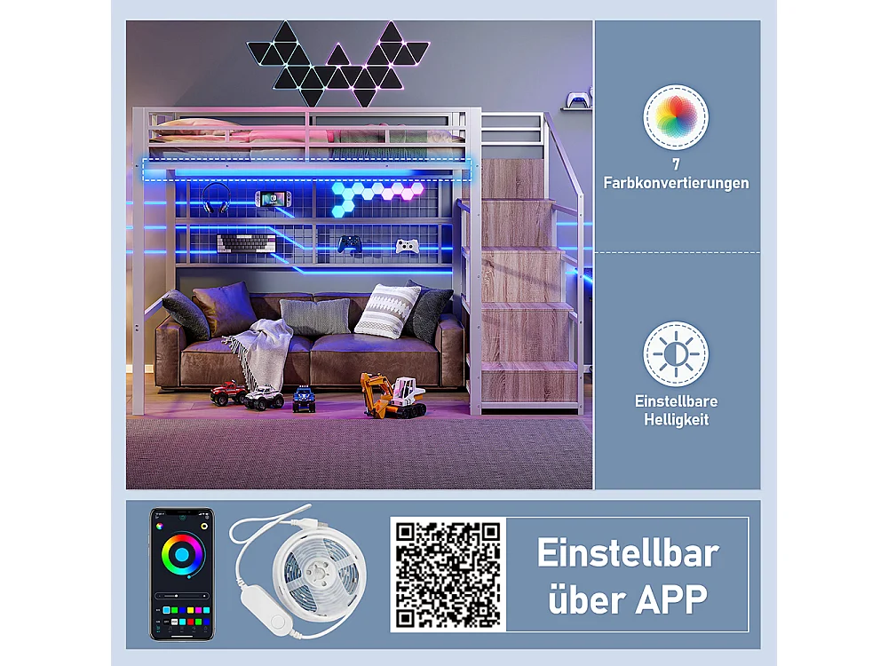 Lit mezzanine 140x200 en métal blanc avec armoire échelle de rangement grille suspendue espace sous le lit éclairage LED 7 couleurs