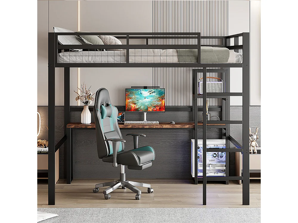 Hoogslaper 140x200 van zwart metaal met bureau, meerdere planken, USB-poort type C, ladder, leuning, zonder matras