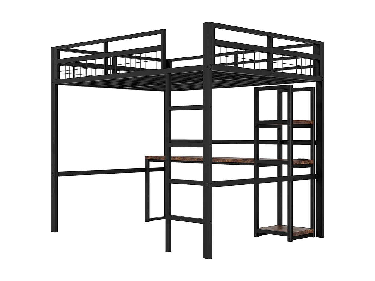 Hoogslaper 140x200 van zwart metaal met bureau, meerdere planken, USB-poort type C, ladder, leuning, zonder matras