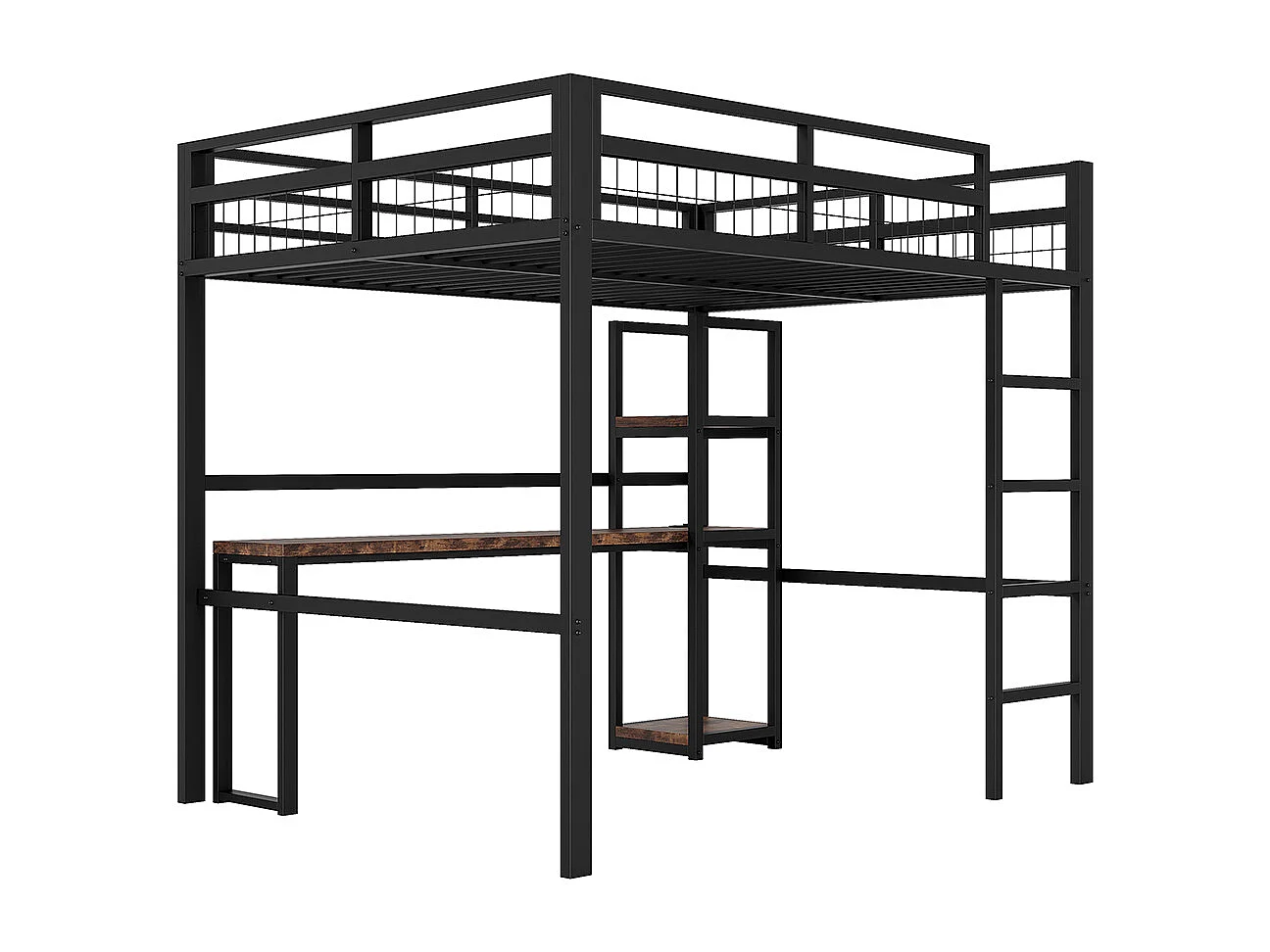 Hoogslaper 140x200 van zwart metaal met bureau, meerdere planken, USB-poort type C, ladder, leuning, zonder matras