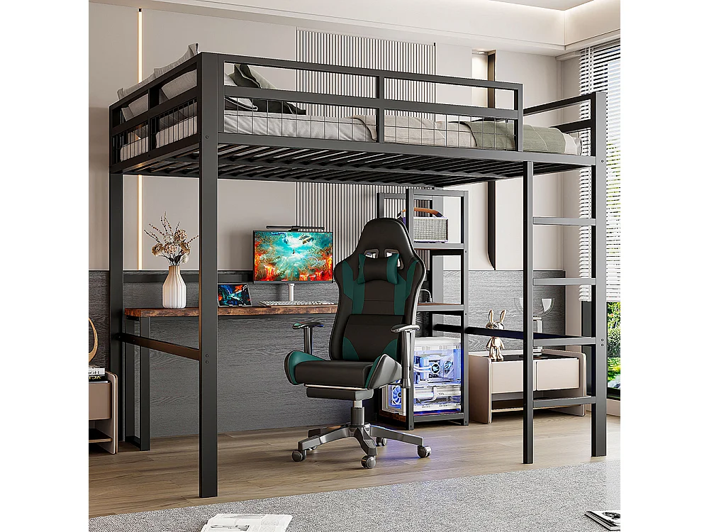 Hoogslaper 140x200 van zwart metaal met bureau, meerdere planken, USB-poort type C, ladder, leuning, zonder matras