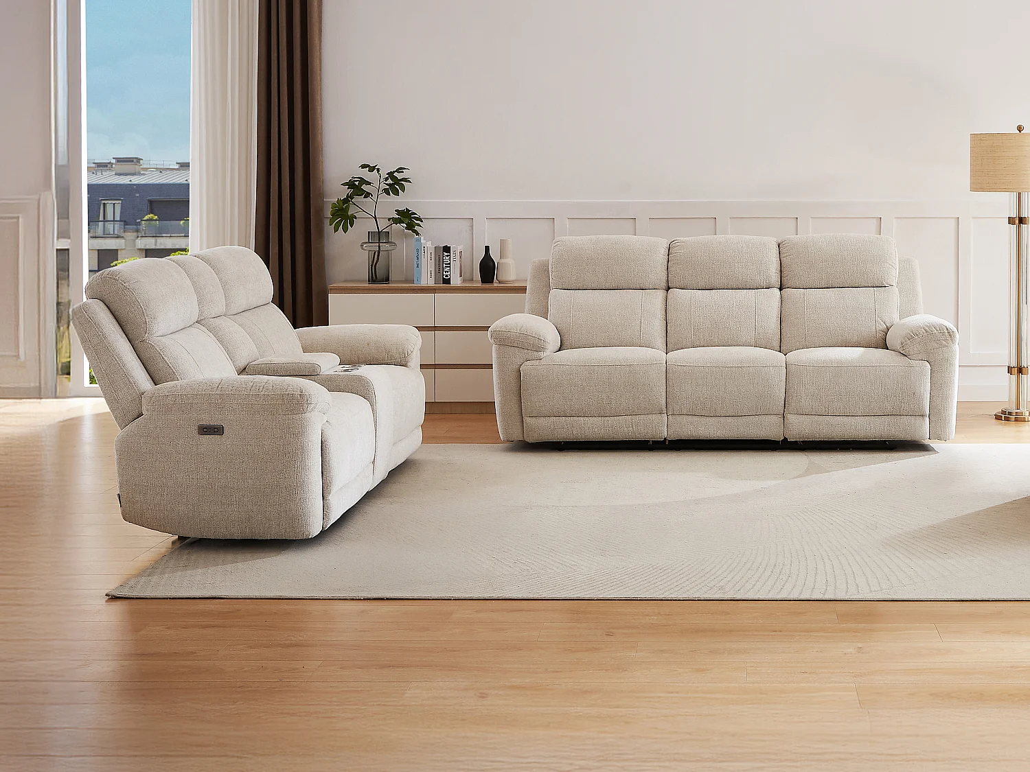 Canapé 3 places et 2 places relax électrique en tissu chiné beige KELUNO