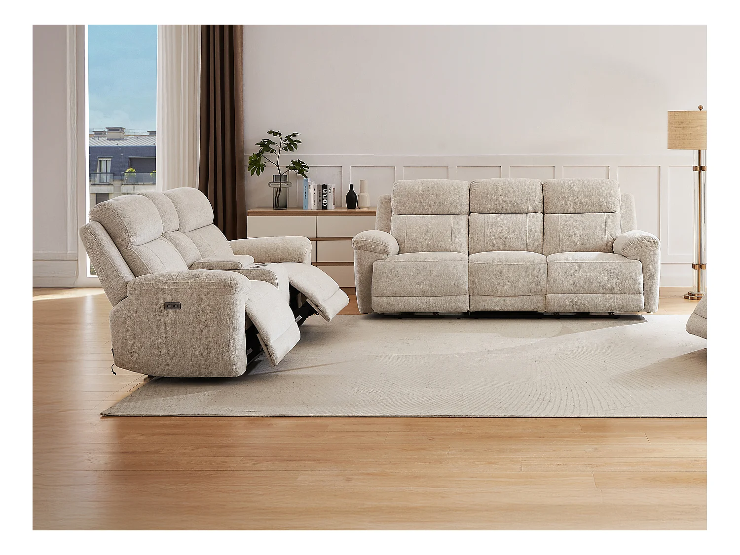 Canapé 3 places et 2 places relax électrique en tissu chiné beige KELUNO