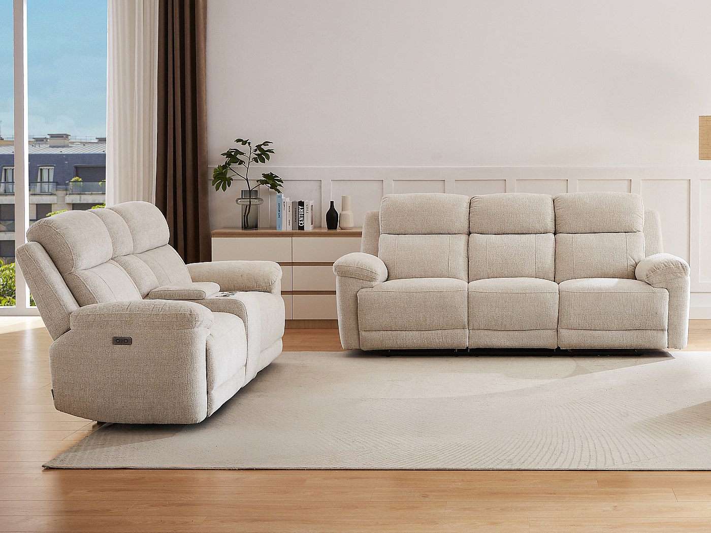 Canapé 3 places et 2 places relax électrique en tissu chiné beige KELUNO