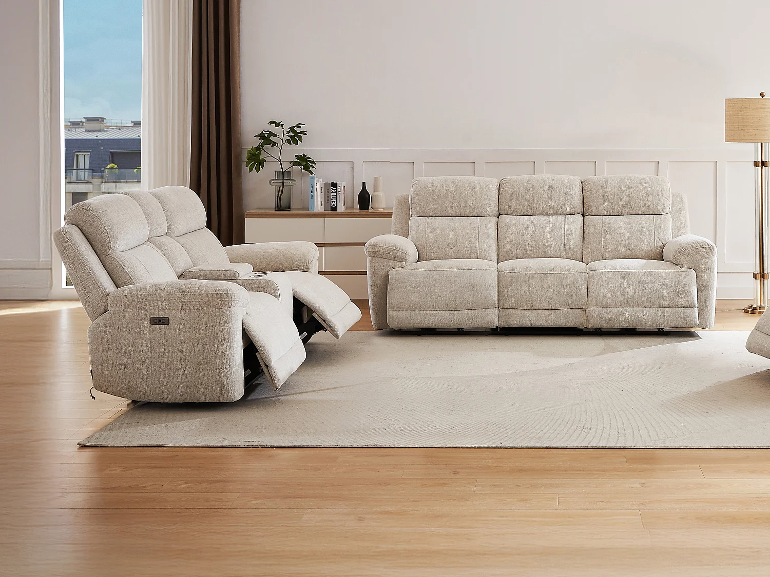 Canapé 3 places et 2 places relax électrique en tissu chiné beige KELUNO