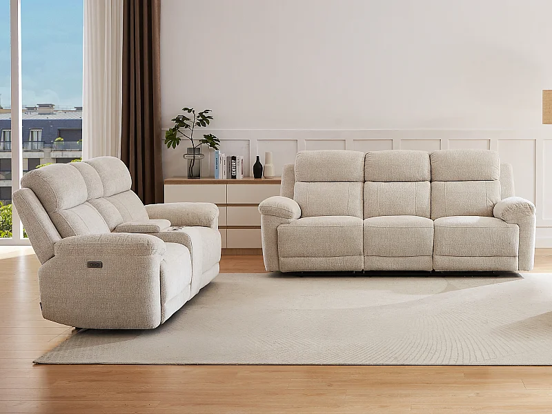 Elektrische relax-driezitsbank en -tweezitsbank van beige gechineerde stof KELUNO