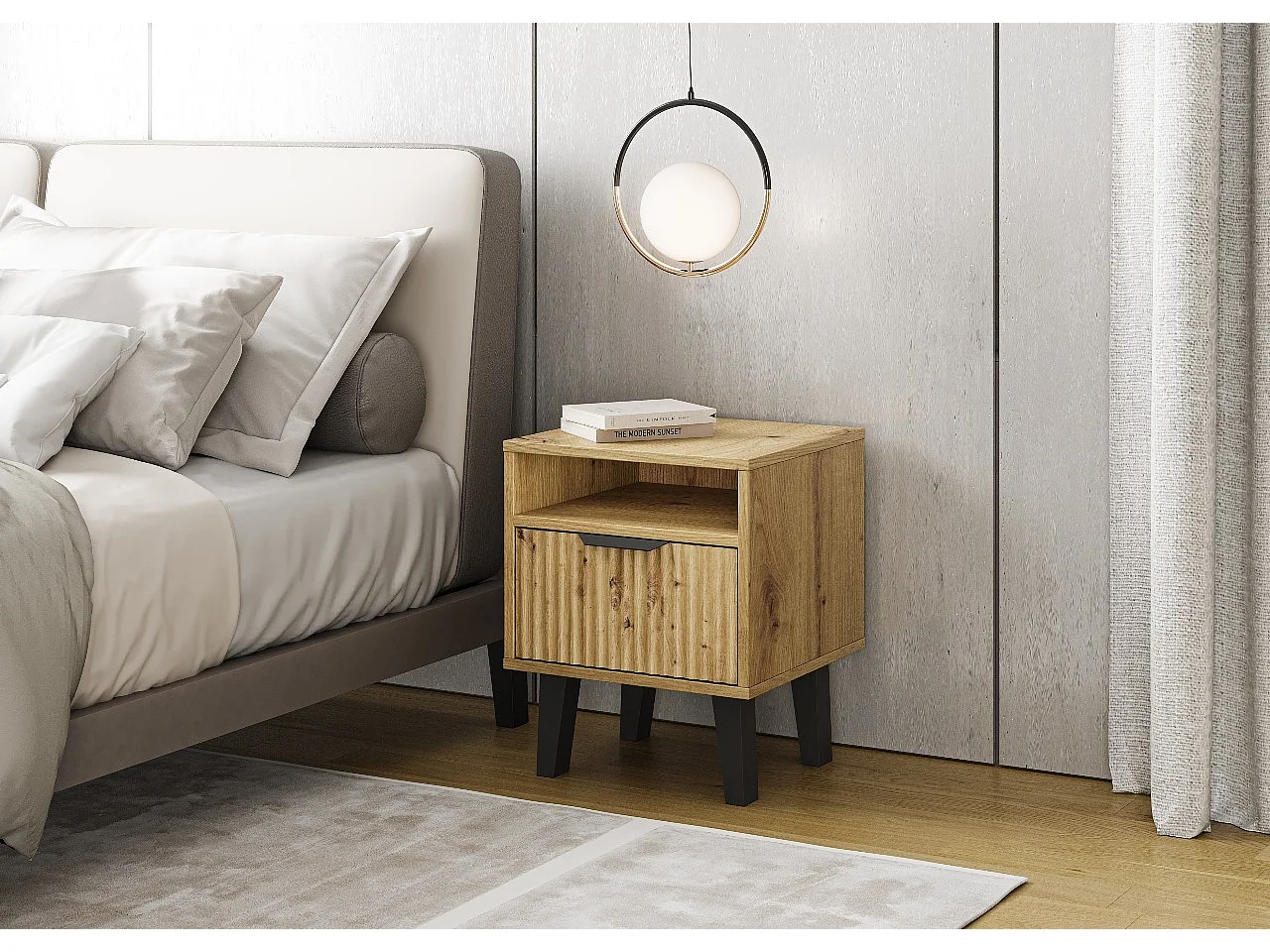 Szafka Nocna Scandi 1S Slim |Dąb Artisan | 39x40x48 cm| Szafka Nocna ryflowana |  Nowoczesny styl