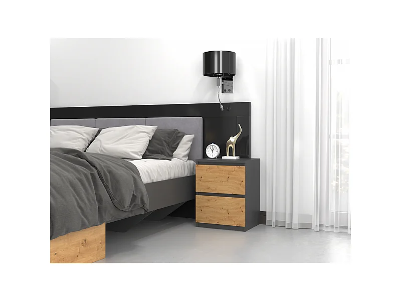 Szafka Nocna Malwa W2 | Antracyt/ Dąb Artisan | 40x40x52 cm | Nowoczesna, 2 Szuflady