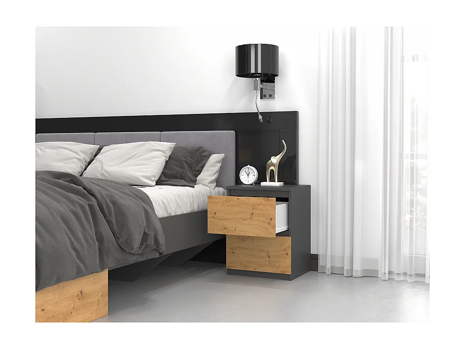 Szafka Nocna Malwa W2 | Antracyt/ Dąb Artisan | 40x40x52 cm | Nowoczesna, 2 Szuflady
