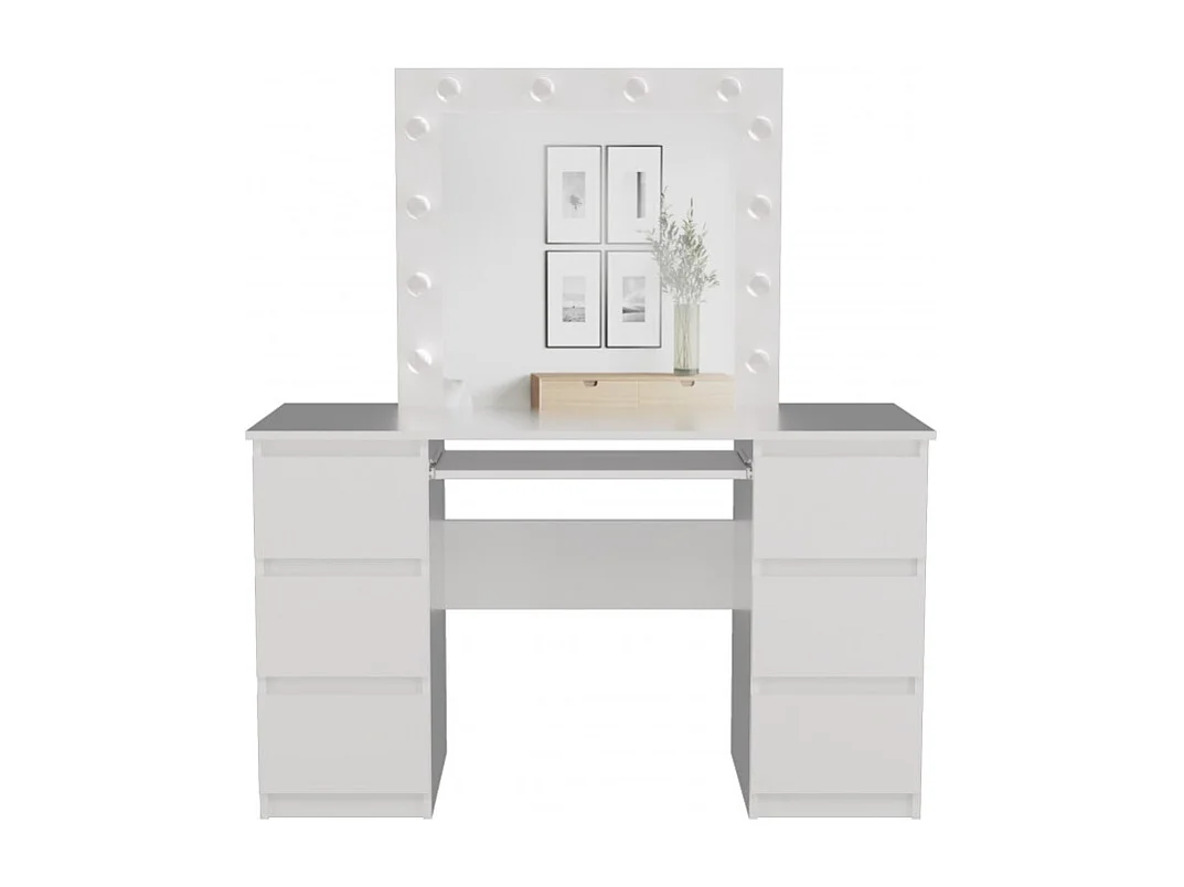 Toaletka| Biurko KUBA | Lustro LED Marina | Biała| 130x51x146 cm | 6 szuflad | Elegancka