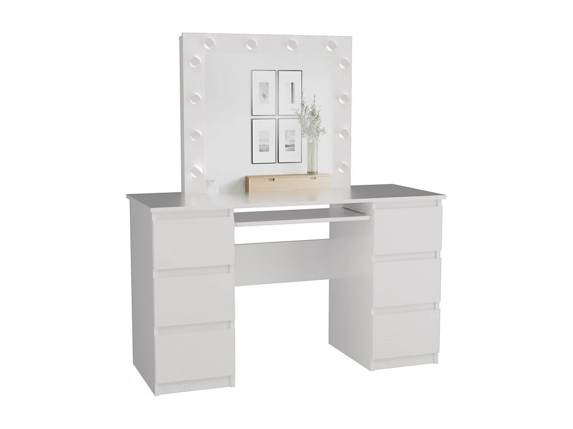 Toaletka| Biurko KUBA | Lustro LED Marina | Biała| 130x51x146 cm | 6 szuflad | Elegancka
