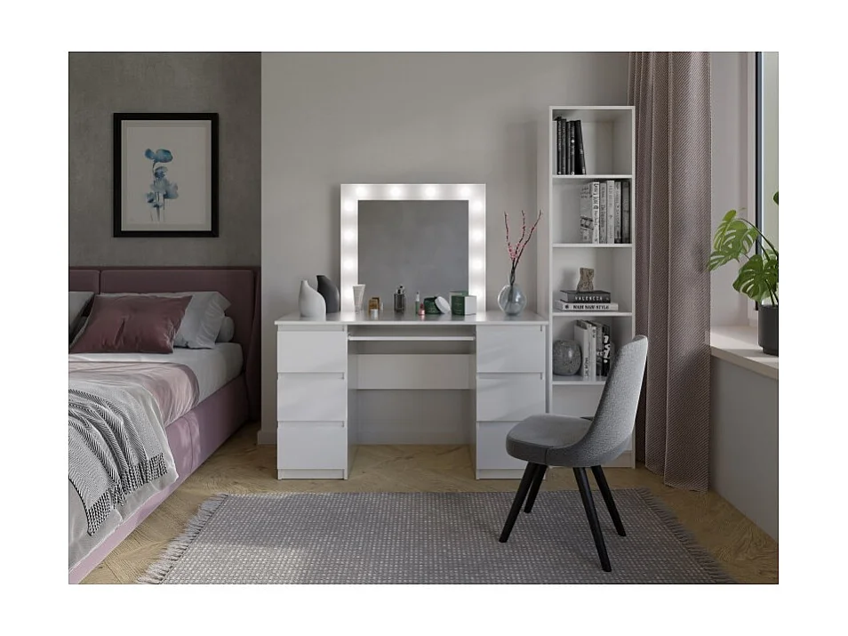 Toaletka| Biurko KUBA | Lustro LED Marina | Biała| 130x51x146 cm | 6 szuflad | Elegancka