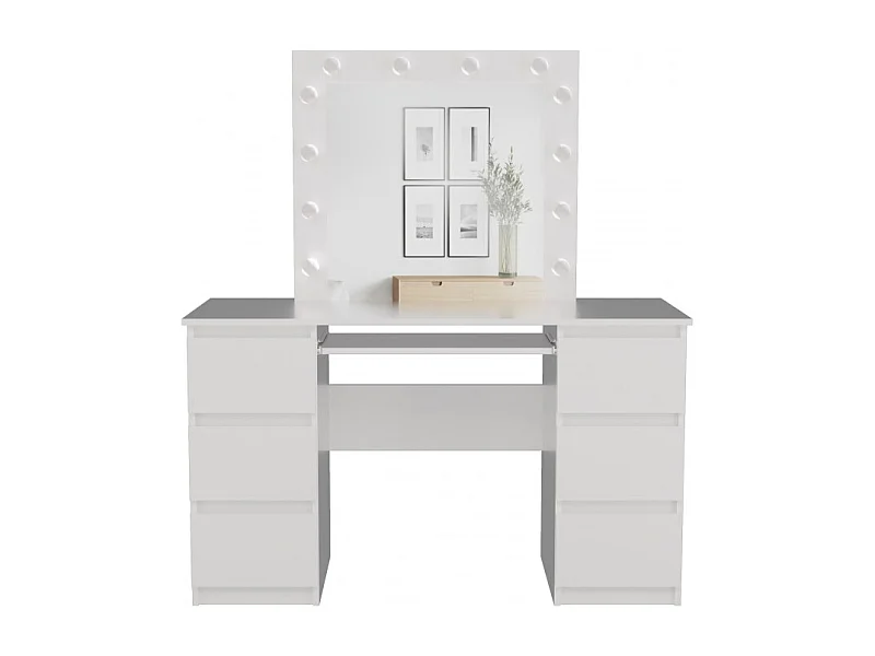 Toaletka| Biurko KUBA | Lustro LED Marina | Biała| 130x51x146 cm | 6 szuflad | Elegancka
