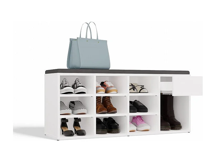 TALLIN Szafka na buty z siedziskiem i szufladą | 110x35x49 cm | Biała| Przedpokój, Siedzisko