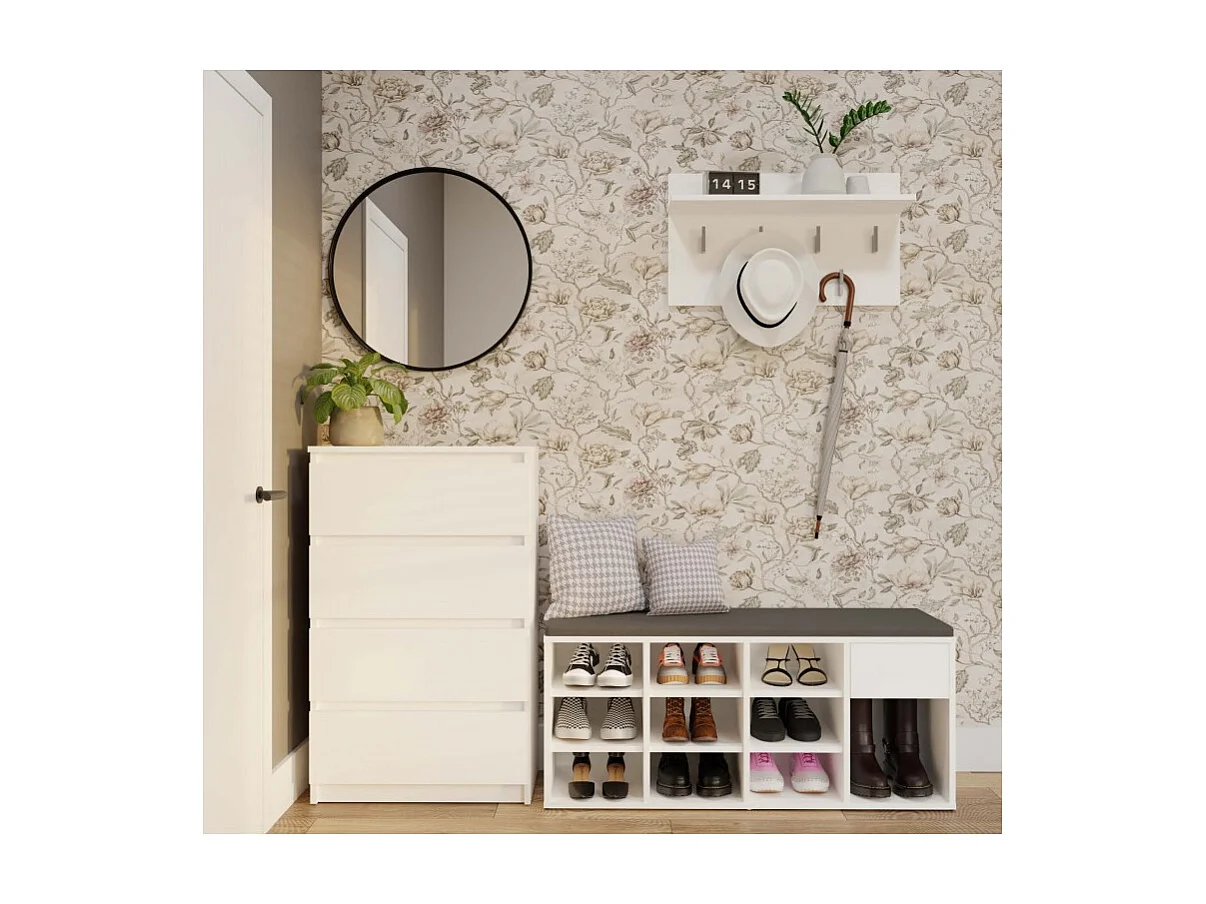 TALLIN Szafka na buty z siedziskiem i szufladą | 110x35x49 cm | Biała| Przedpokój, Siedzisko