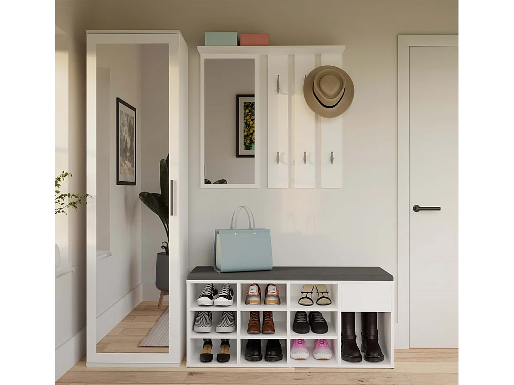 TALLIN Szafka na buty z siedziskiem i szufladą | 110x35x49 cm | Biała| Przedpokój, Siedzisko