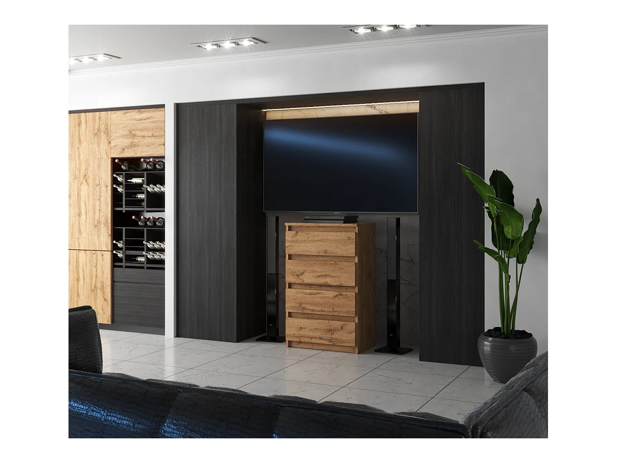 Commode à 4 tiroirs en chêne wotan 60cm meuble tv salon et chambre à coucher