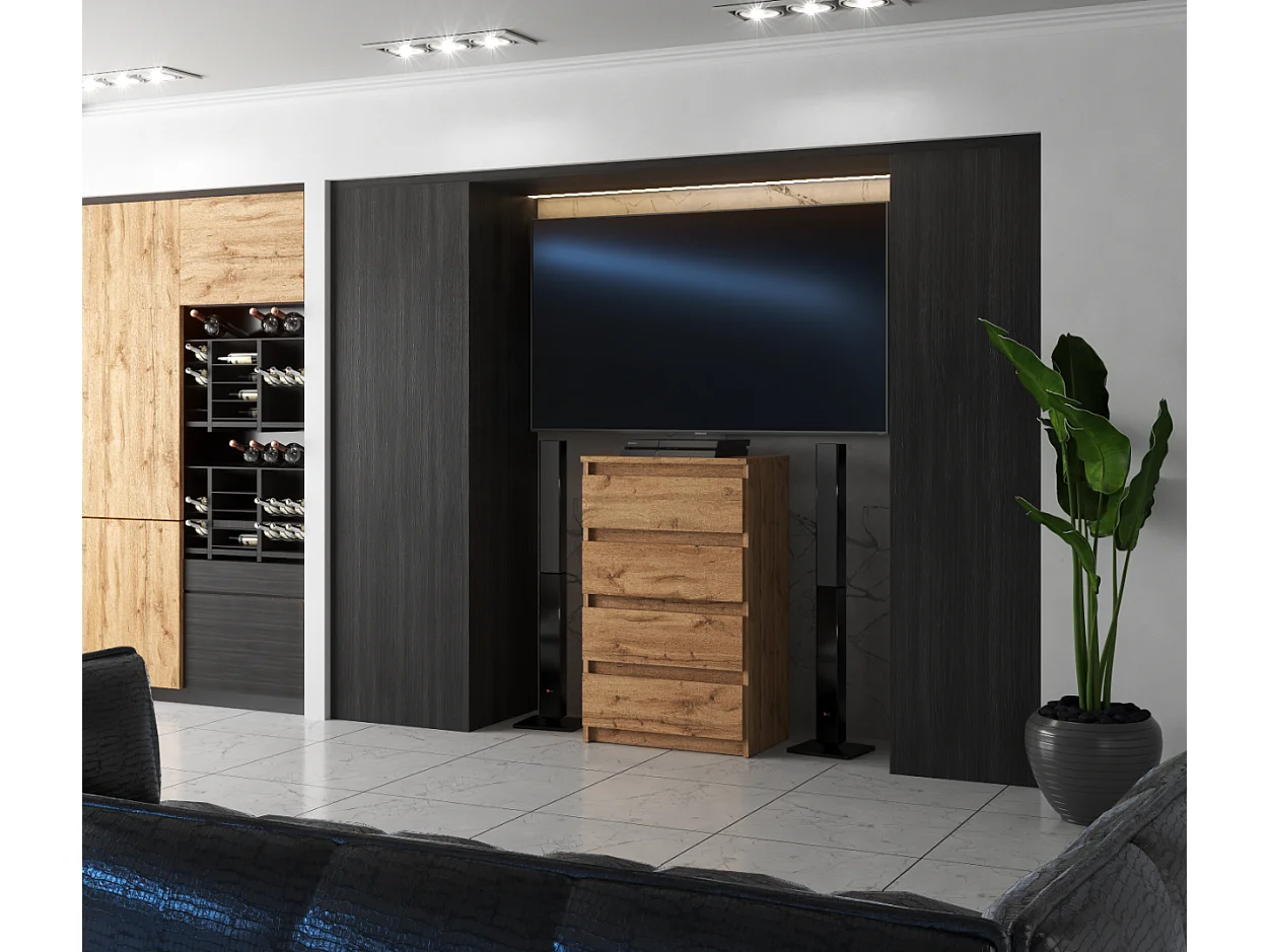 Cómoda con 4 cajones de roble wotan 60 cm, mueble para televisión, salón y dormitorio