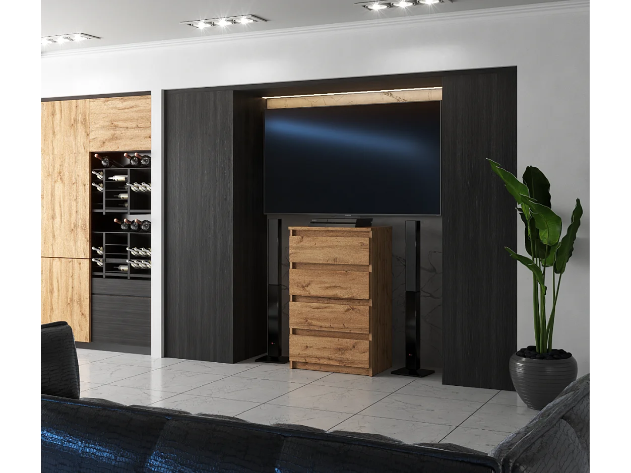 Commode à 4 tiroirs en chêne wotan 60cm meuble tv salon et chambre à coucher