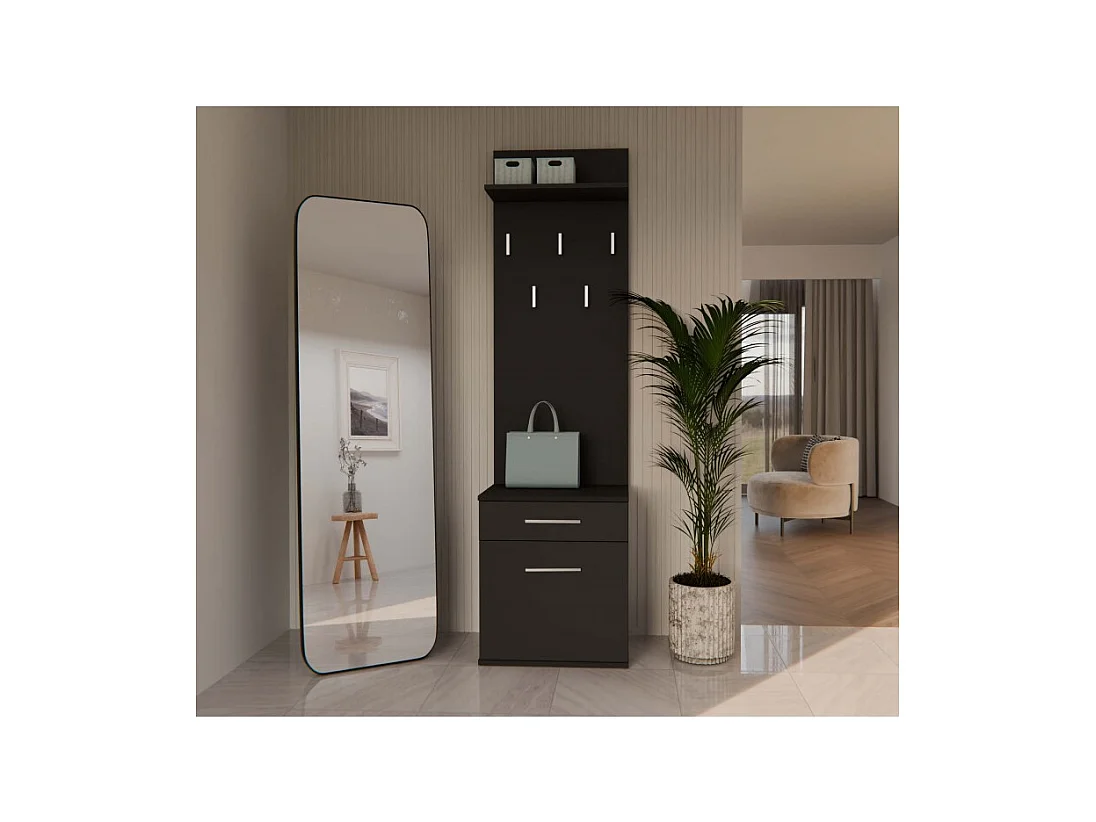 Wieszak Duo |  Czarny | 50x35x180 cm | Nowoczesny Styl | Wieszak + Półka + Szafka Na Buty