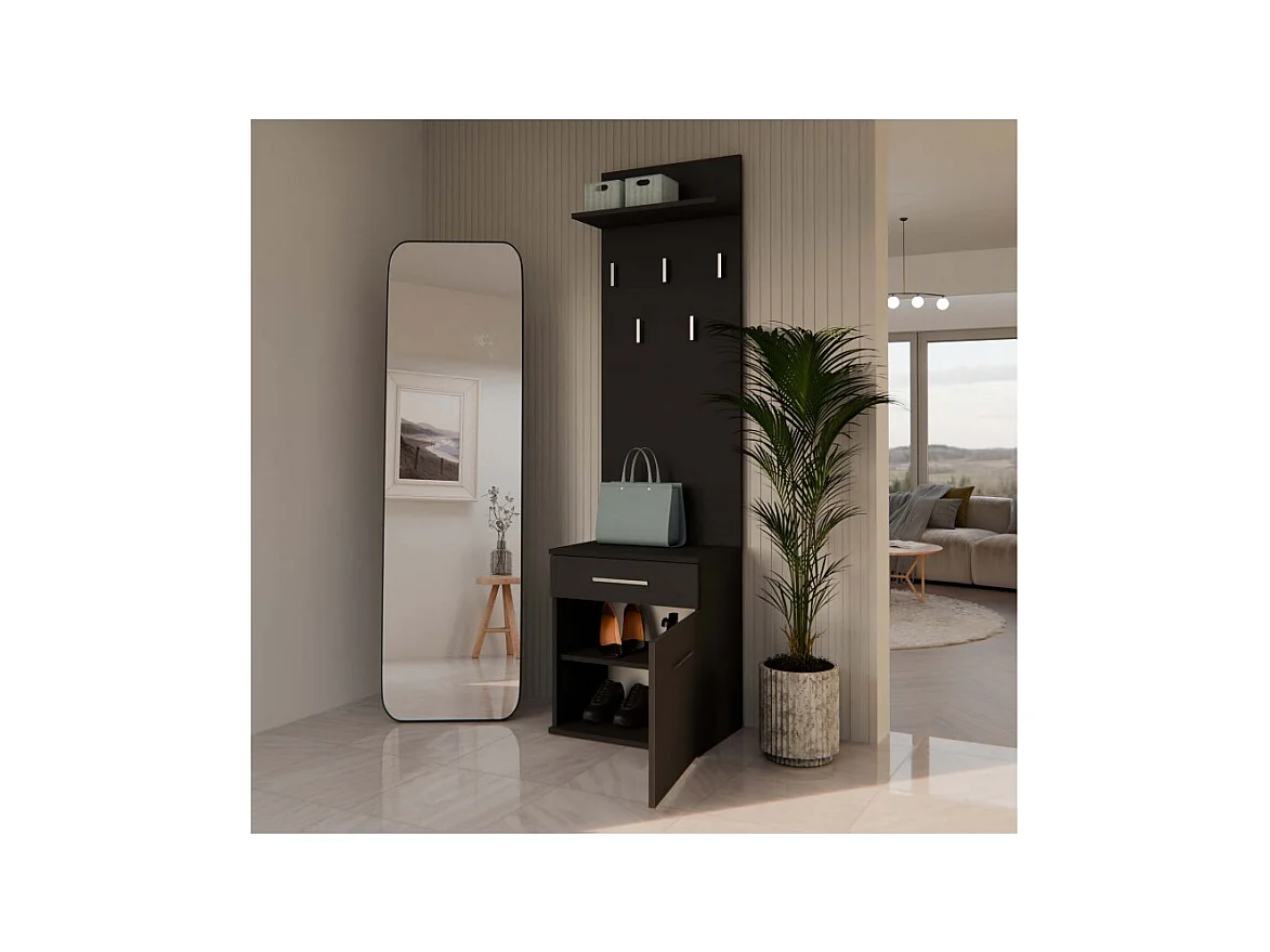 Wieszak Duo |  Czarny | 50x35x180 cm | Nowoczesny Styl | Wieszak + Półka + Szafka Na Buty