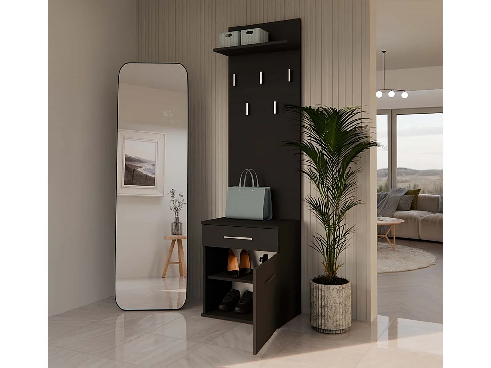 Wieszak Duo |  Czarny | 50x35x180 cm | Nowoczesny Styl | Wieszak + Półka + Szafka Na Buty