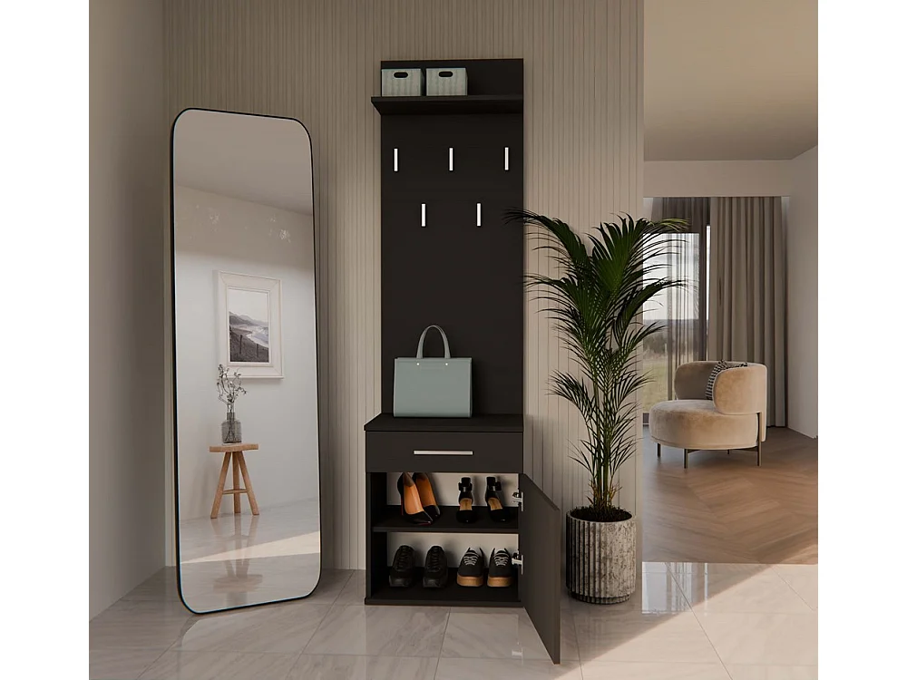 Wieszak Duo |  Czarny | 50x35x180 cm | Nowoczesny Styl | Wieszak + Półka + Szafka Na Buty