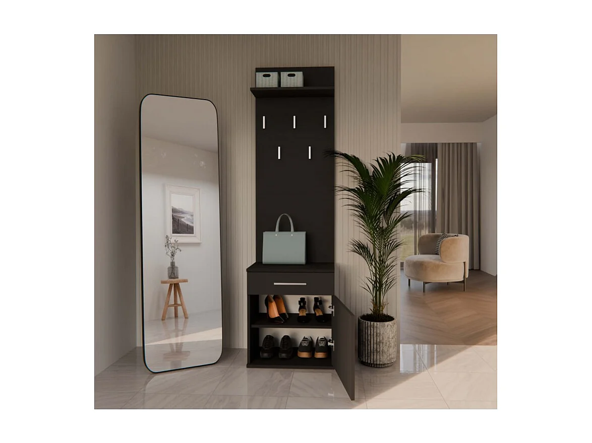Wieszak Duo |  Czarny | 50x35x180 cm | Nowoczesny Styl | Wieszak + Półka + Szafka Na Buty