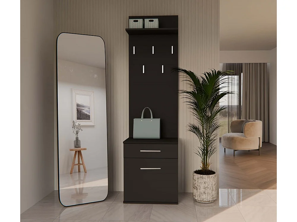 Wieszak Duo |  Czarny | 50x35x180 cm | Nowoczesny Styl | Wieszak + Półka + Szafka Na Buty