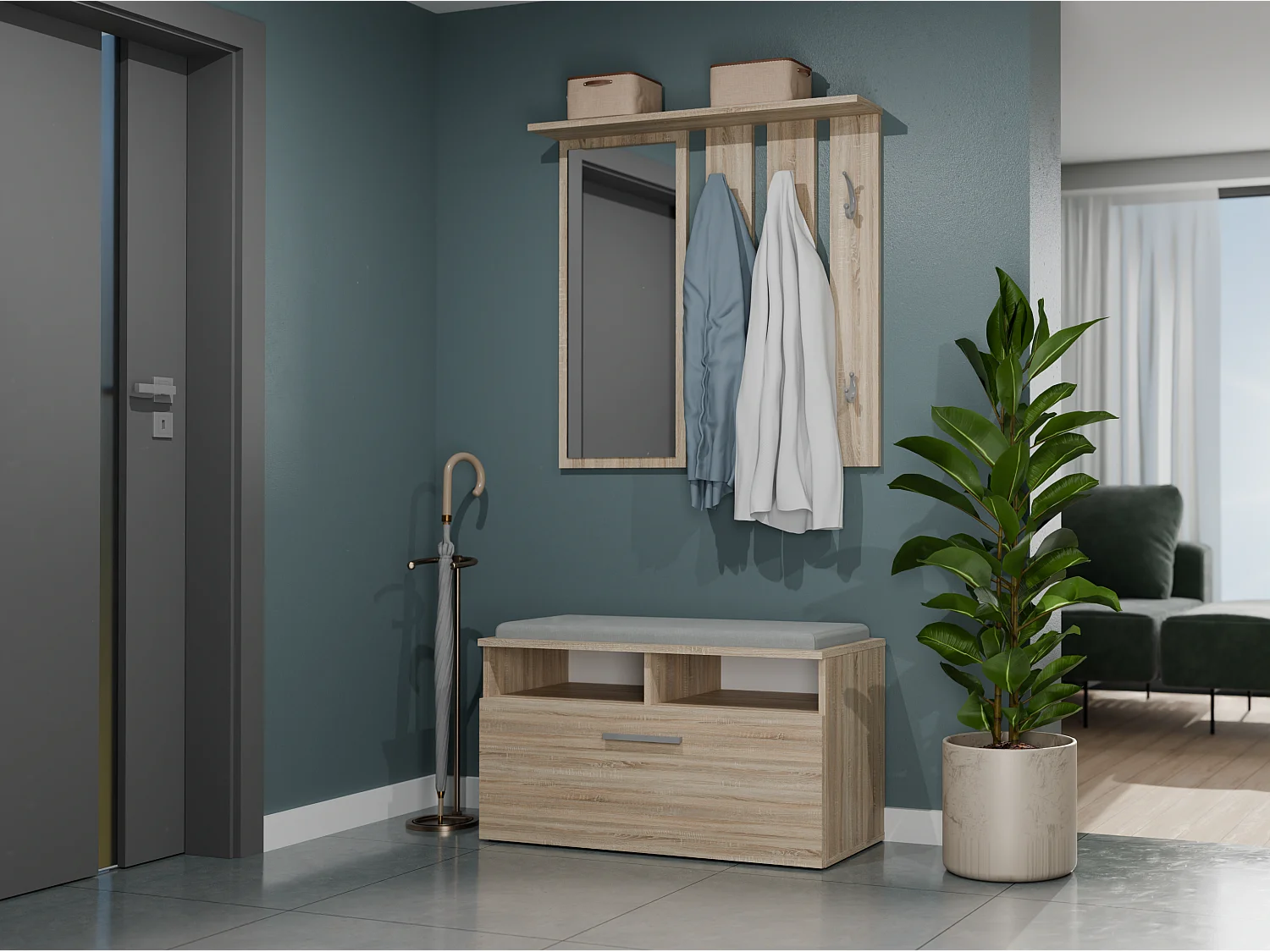 Wieszak Opal | Dąb Sonoma | 85x15x82 cm | Lustro z Półką i Wieszakami