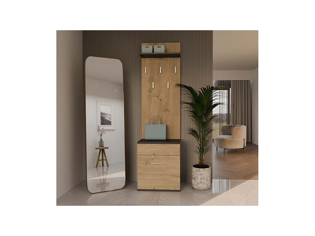 Wieszak Duo | Antracyt/Dąb Artisan| 50x35x180 | Nowoczesny Styl | Wieszak + Półka + Szafka Na Buty