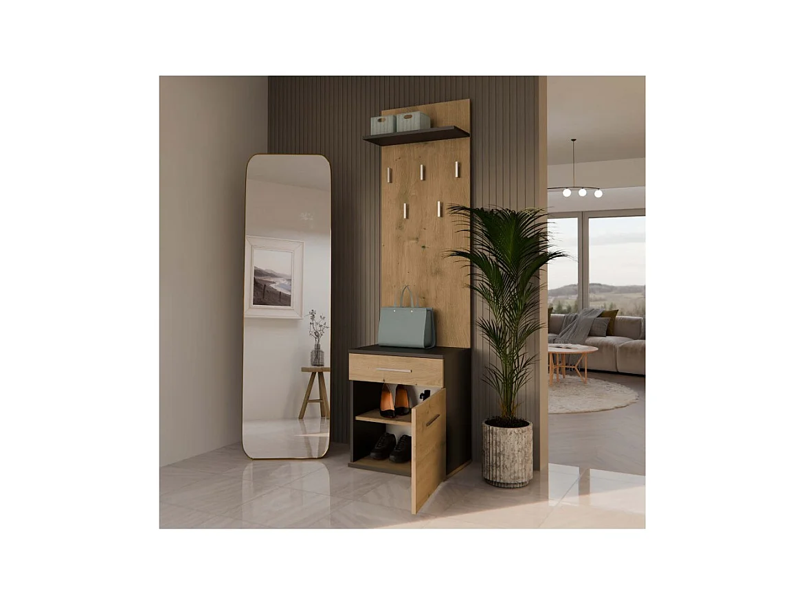 Wieszak Duo | Antracyt/Dąb Artisan| 50x35x180 | Nowoczesny Styl | Wieszak + Półka + Szafka Na Buty