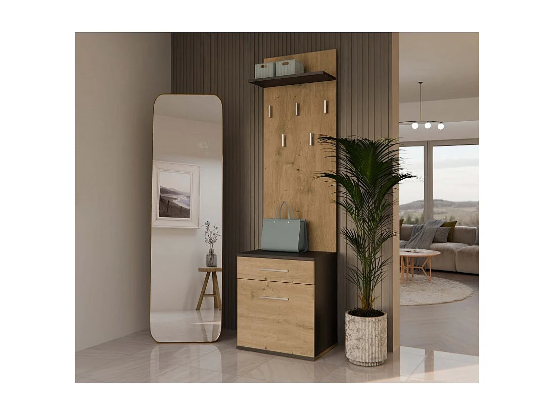 Wieszak Duo | Antracyt/Dąb Artisan| 50x35x180 | Nowoczesny Styl | Wieszak + Półka + Szafka Na Buty