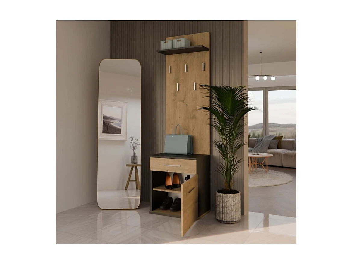 Wieszak Duo | Antracyt/Dąb Artisan| 50x35x180 | Nowoczesny Styl | Wieszak + Półka + Szafka Na Buty