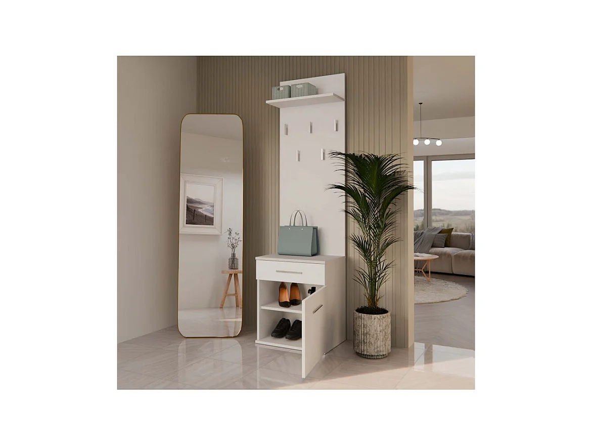 Wieszak Duo| Biały | 50x35x180 cm |Nowoczesny Styl | Wieszak + Półka + Szafka Na Buty