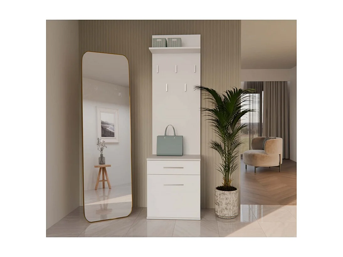 Wieszak Duo| Biały | 50x35x180 cm |Nowoczesny Styl | Wieszak + Półka + Szafka Na Buty