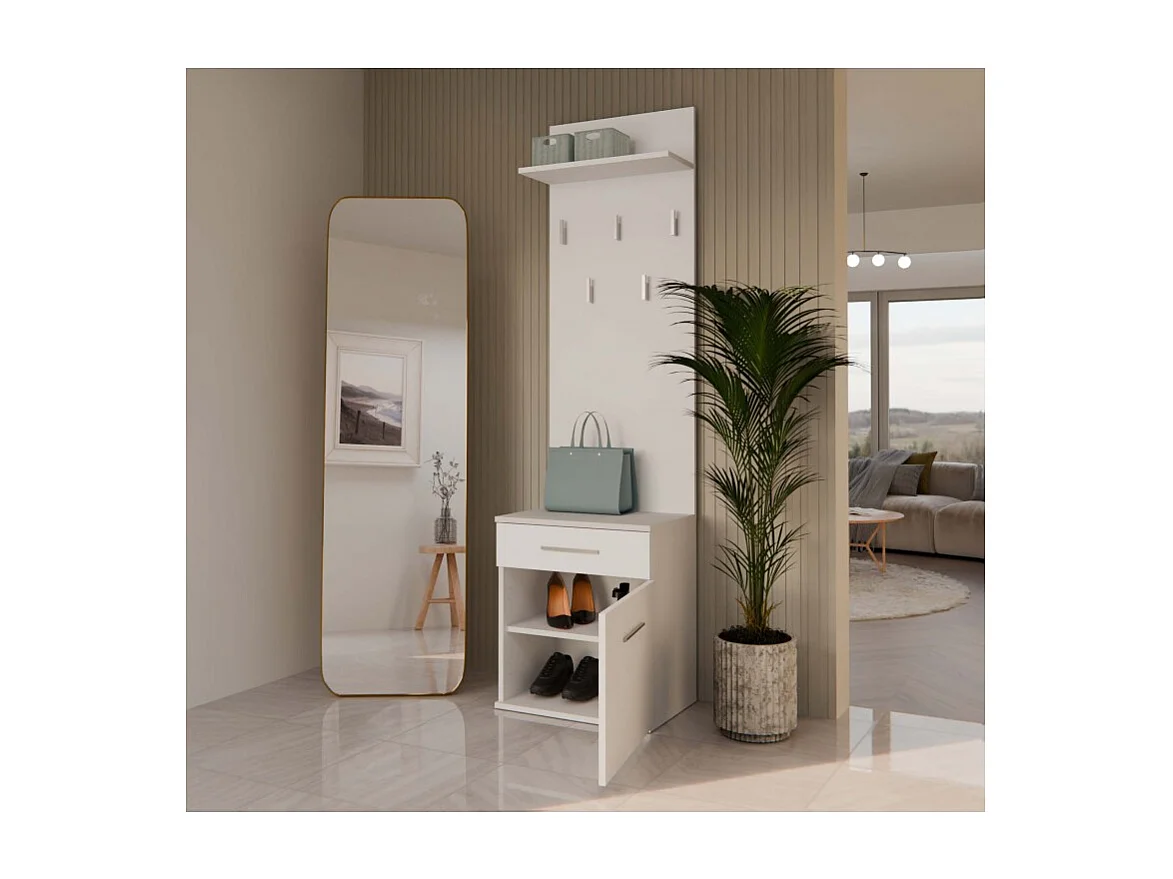 Wieszak Duo| Biały | 50x35x180 cm |Nowoczesny Styl | Wieszak + Półka + Szafka Na Buty