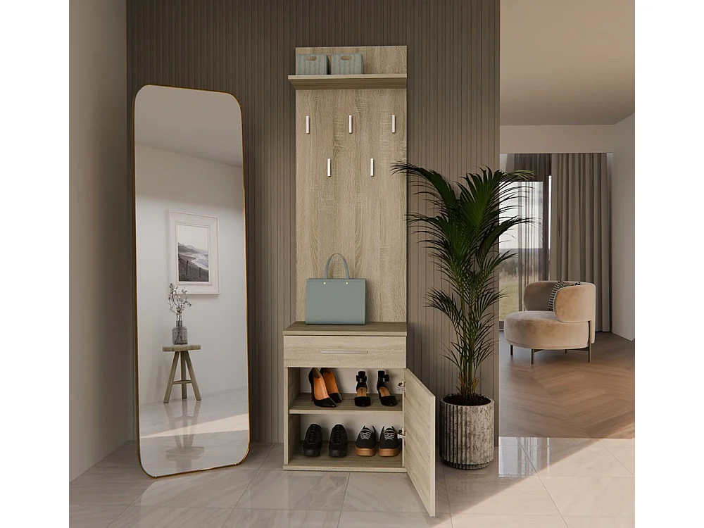 Wieszak Duo | Sonoma | 50x35x180 cm | Nowoczesny Styl | Wieszak + Półka + Szafka Na Buty