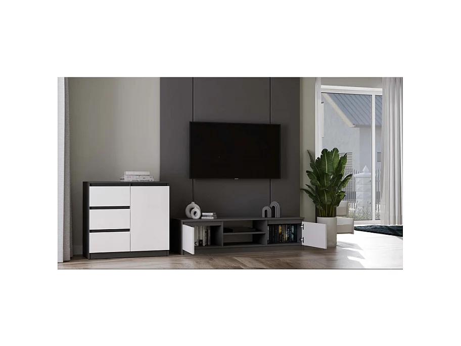 TIVOLI - Mobile TV in stile moderno - 140x40x36 cm - 2 nicchie + 2 ante - Antracite e bianco