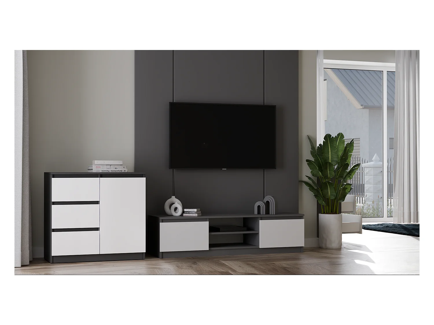 TIVOLI - Mobile TV in stile moderno - 140x40x36 cm - 2 nicchie + 2 ante - Antracite e bianco