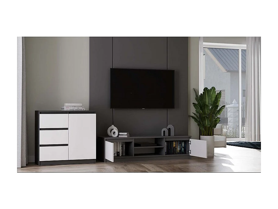 TIVOLI – Moderner TV-Schrank – 140 x 40 x 36 cm – 2 Fächer + 2 Türen – Anthrazit und Weiß