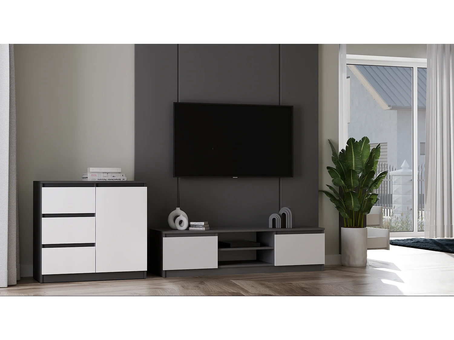 TIVOLI – Moderner TV-Schrank – 140 x 40 x 36 cm – 2 Fächer + 2 Türen – Anthrazit und Weiß