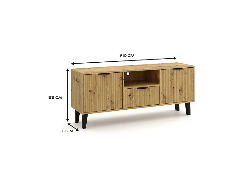 SONIA – Moderner TV-Schrank mit gerillter Front – 2 Türen, 1 Schublade – Eiche Artisan
