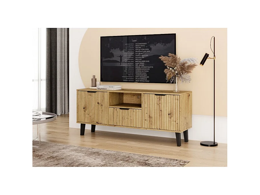 SONIA – Moderner TV-Schrank mit gerillter Front – 2 Türen, 1 Schublade – Eiche Artisan