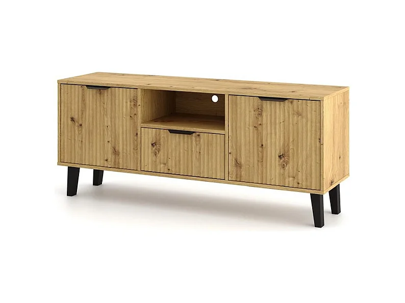 SONIA – Moderner TV-Schrank mit gerillter Front – 2 Türen, 1 Schublade – Eiche Artisan
