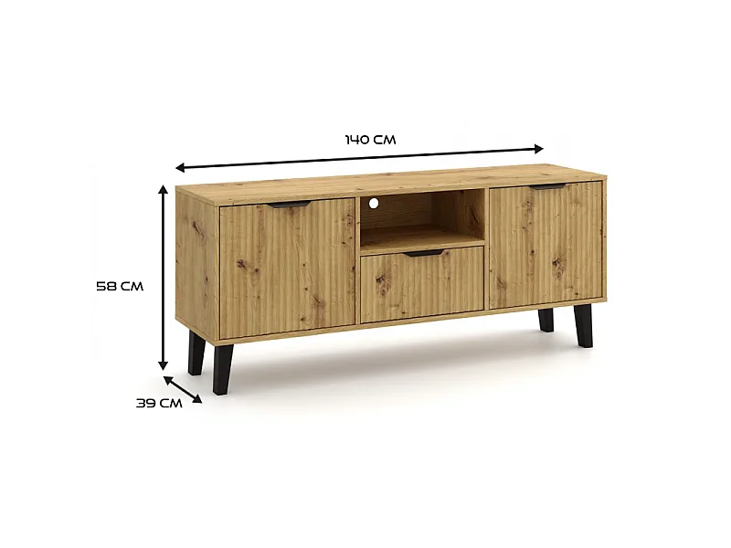 SONIA – Moderner TV-Schrank mit gerillter Front – 2 Türen, 1 Schublade – Eiche Artisan