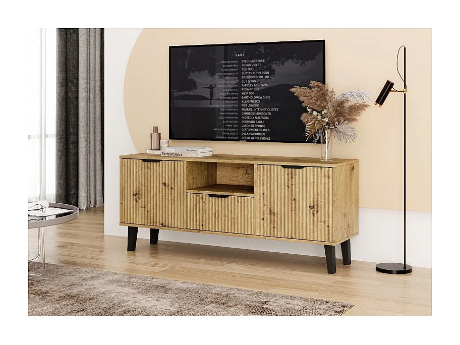 SONIA – Moderner TV-Schrank mit gerillter Front – 2 Türen, 1 Schublade – Eiche Artisan