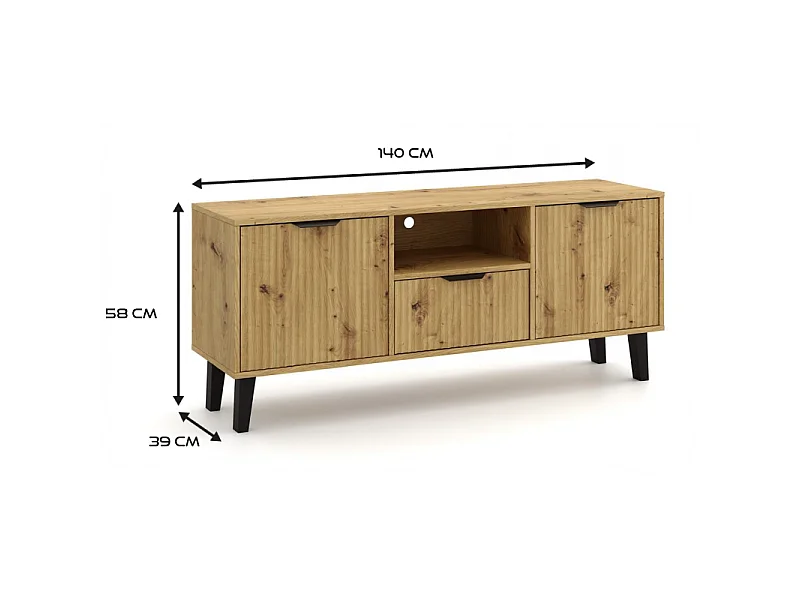 SONIA – Moderner TV-Schrank mit gerillter Front – 2 Türen, 1 Schublade – Eiche Artisan